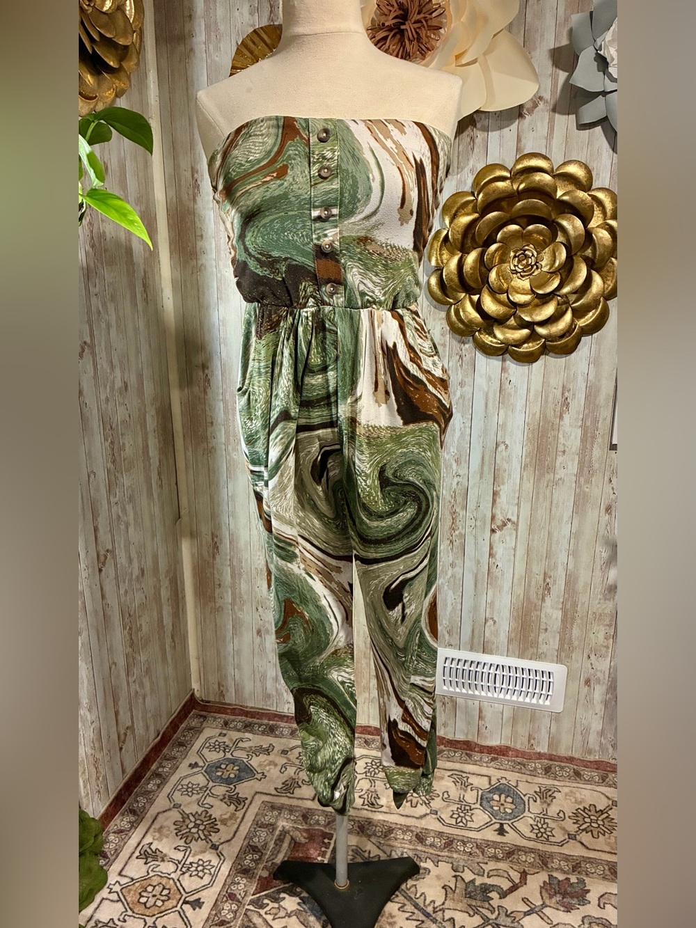 Strapless Green Marble Print Jumpsuit